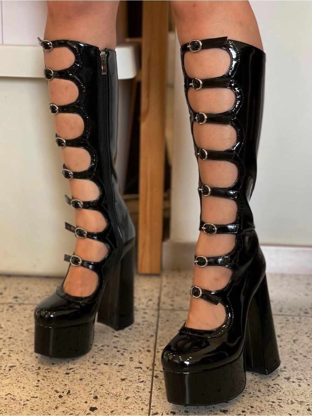 Brand New! Black Patent Platform Knee-High Buckle-Front Heeled Boots (Size: 8)